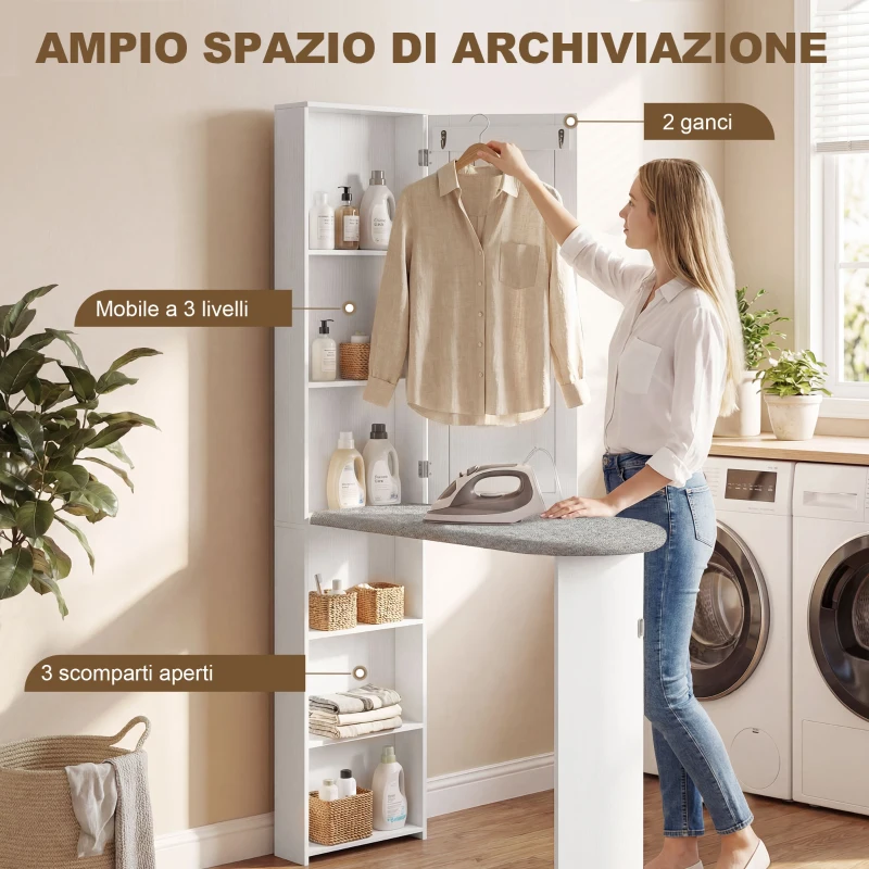HOMCOM Mobile Asse da Stiro Pieghevole a 6 Ripiani con Specchio e 2 Ganci, in Legno e Poliestere, 107x35x174 cm, Bianco