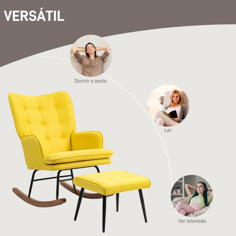 HOMCOM Poltrona Baloiço com Apoio para os Pés Poltrona Relax com Almofada Acolchoada e Anti-Tombo 64x89x90 cm Amarelo