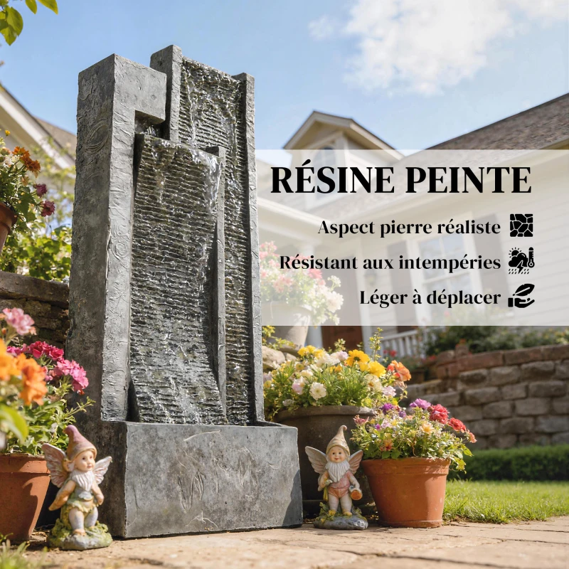 Outsunny Fontaine de jardin extérieure cascade 3 niveaux fontaine eau jardinière et mur d'eau moderne lumineuse 24 LED 101cm gris