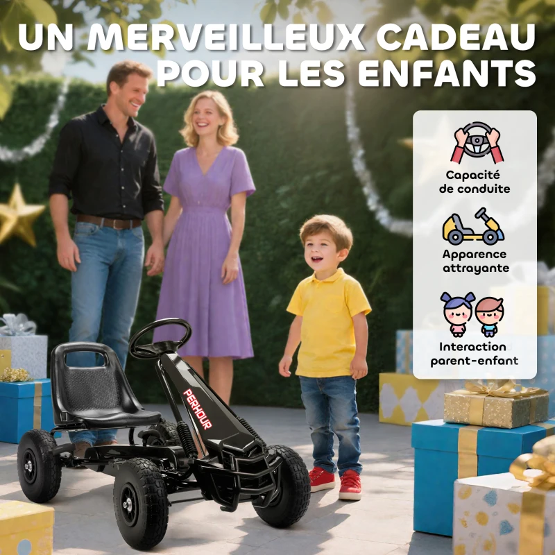 AIYAPLAY Kart à pédales Go-Kart pour enfants siège réglable pneus EVA embrayage manuel et frein 110 x 61 x 62 cm noir