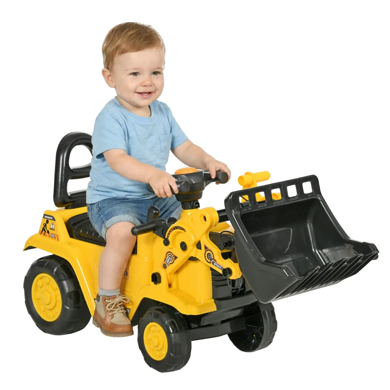 HOMCOM Ride On Tractor, 3 in 1 Ride On Excavator Toy, Toddler Digger Bulldozer with Storage, Pretend Play Construction Truck, NO POWER for 18-48 Months, Yellow