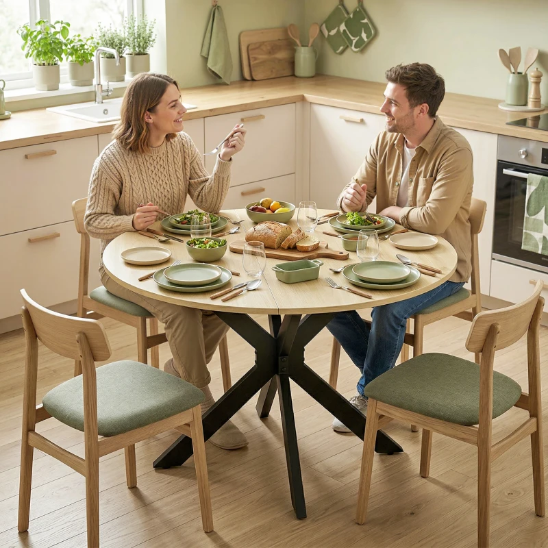 HOMCOM Table à manger pliante pour 2 à 6 personnes, table de cuisine ronde avec pieds croisés en acier, bois naturel