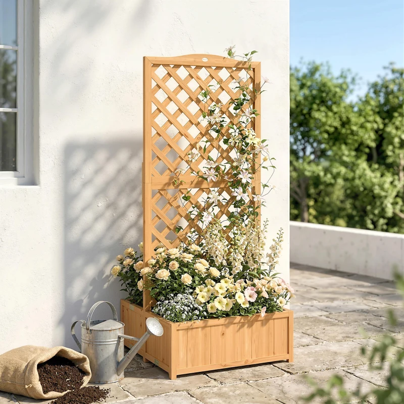 Outsunny Jardinera con Enrejado de Madera para Plantas Trepadoras con 2 Cajas Plegables Base de Listones 73x70x170 cm Natural