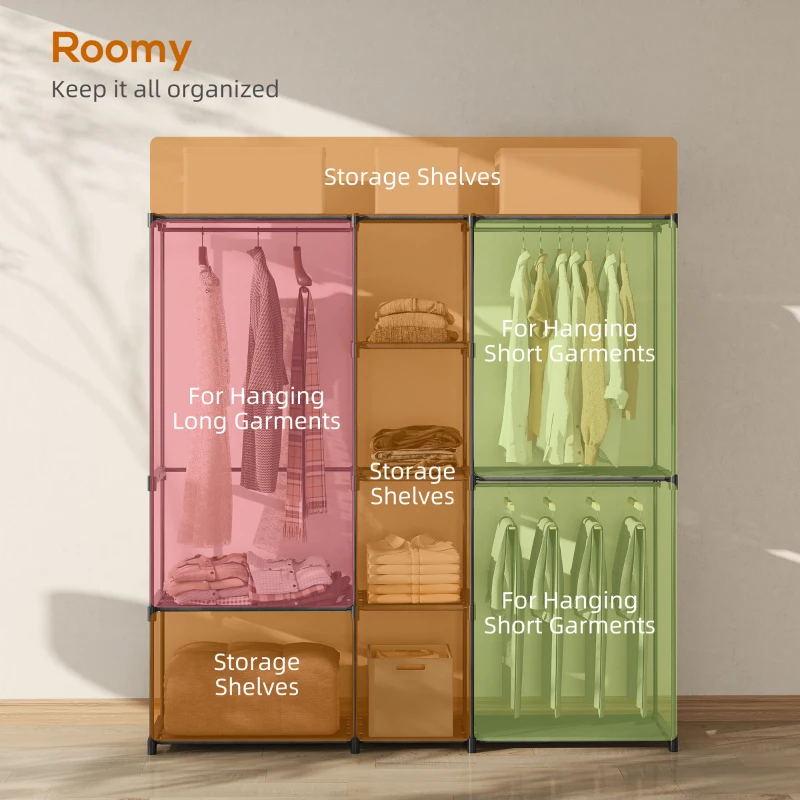 HOMCOM Dulap Garderobă din Material Textil cu 8 Rafturi și 3 Bare pentru Umerașe, 182x43x185 cm, Negru