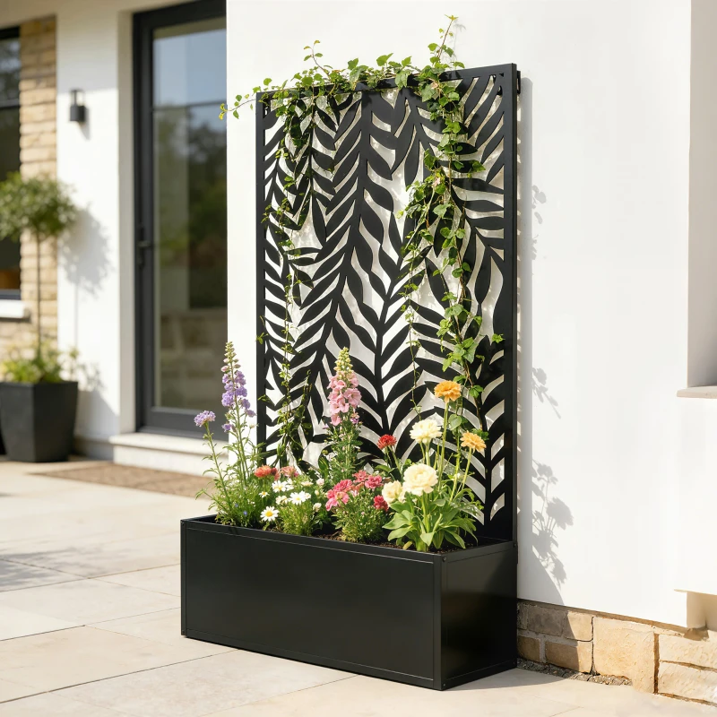 Outsunny Blumenkasten mit Sichtschutz Pflanzkasten mit Rankgitter tropischen Blattmotiven 61 x 23 x 113 cm Schwarz