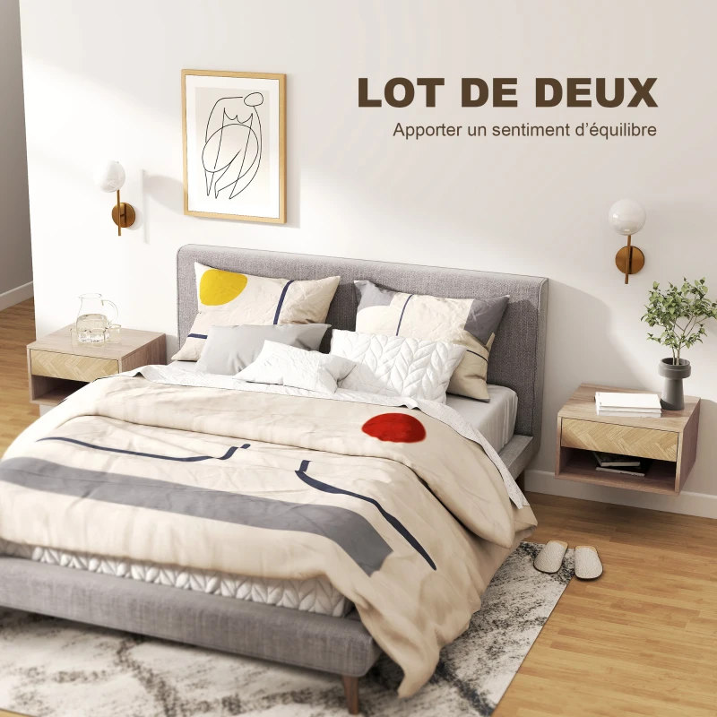 HOMCOM Lot de 2 tables de chevet murales, tables de nuit, tiroir, compartiment ouvert, plateau, 37 x 32 x 21 cm, bois naturel