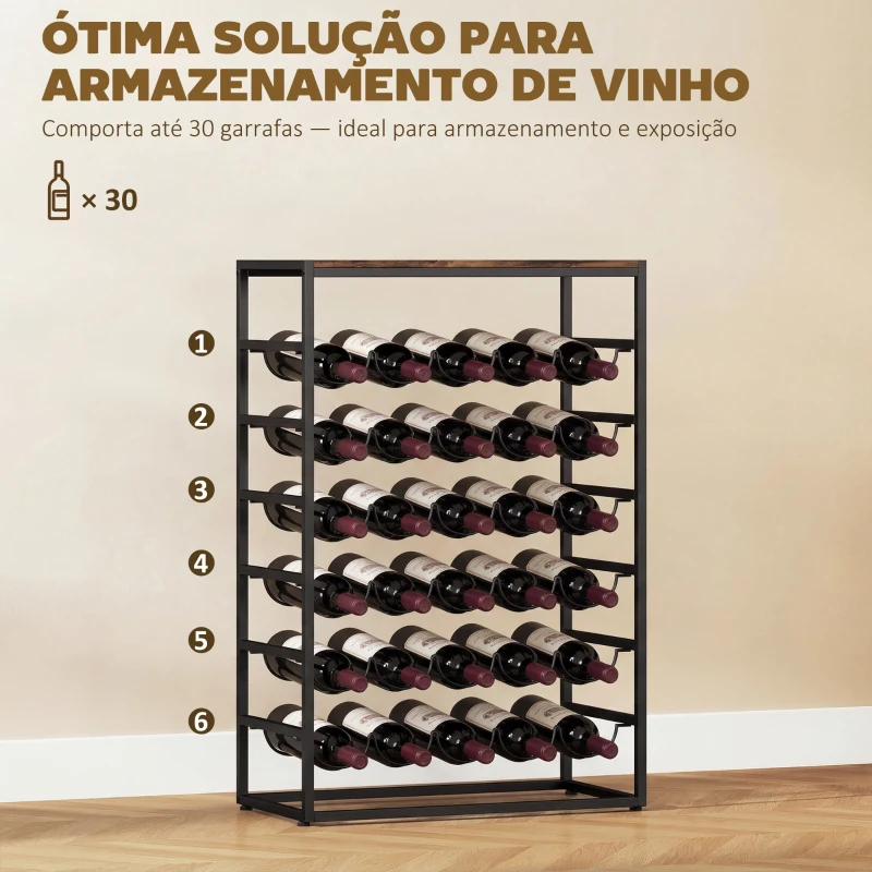 HOMCOM Garrafeira para 30 Garrafas de 6 Níveis com Superfície de Madeira Estilo Industrial 59x30x88,5 cm Castanho Rústico