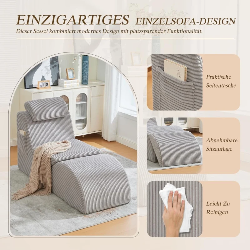 Moderner Freizeit-Sessel mit ergonomischer Rückenlehne, abnehmbarem Sitzkissen und Seitentasche, 160 x 66 x 90 cm, Hellgrau