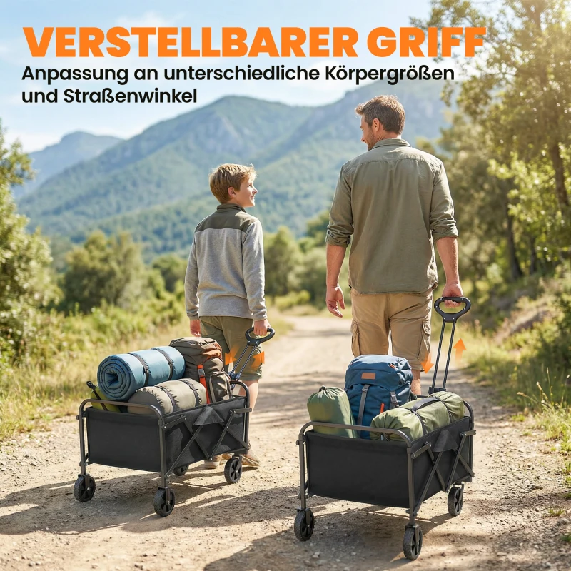 Outsunny Bollerwagen Faltbarer Handwagen mit Griff Verstellbarer Griffhöhe bis 68 kg Tragkraft für Sport Einkauf Camping Schwarz