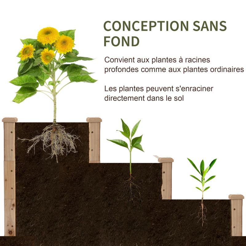 Outsunny Carré Potager de jardin en Bois massif, Jardinière Surélevé en Escalier 3 Niveaux, 120 x 120 x 56 cm, effet Bois Naturel