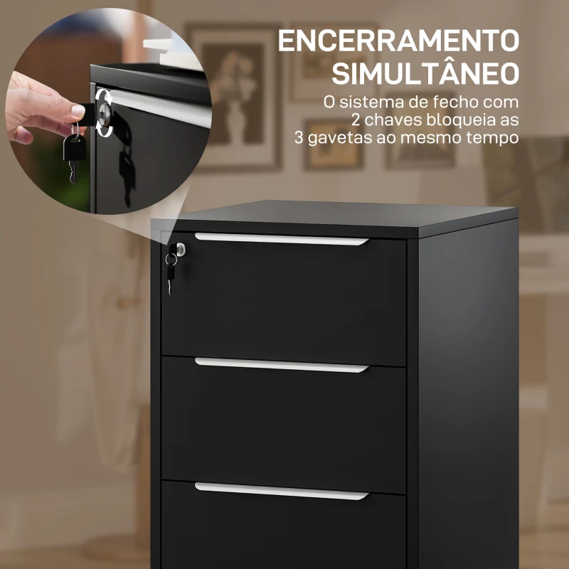 HOMCOM Bloco de Gavetas de Escritório com 3 Gavetas Rodas Fecho e 2 Chaves Arquivador Móvel 40x40x63,5 cm Preto