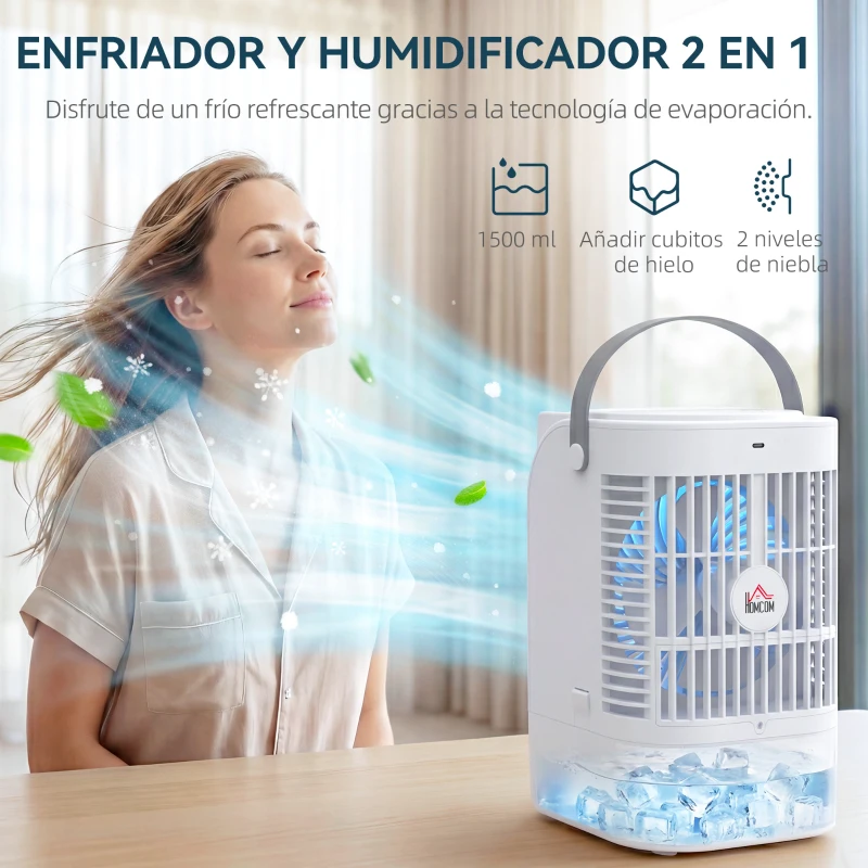 HOMCOM Mini Enfriador de Aire 4 en 1 con 4 Velocidades 2 Modos de Nebulización Luz LED RGB de 7 Colores Blanco