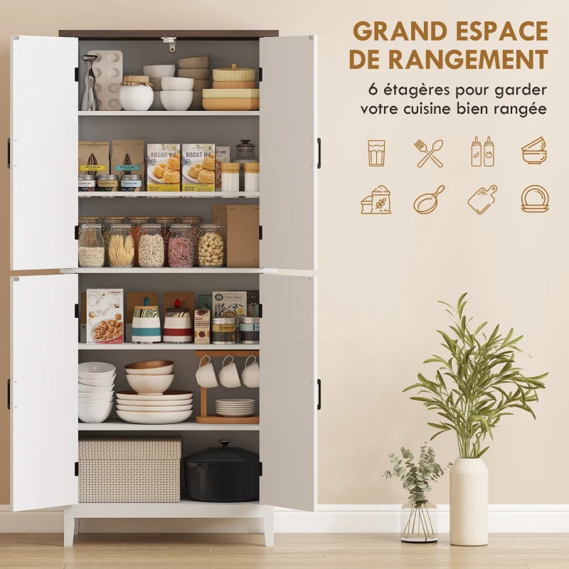HOMCOM Buffet haut cuisine 6 niveaux, armoire de cuisine, 4 portes à chevrons et 4 étagères réglables, 76x40x178,5cm, blanc