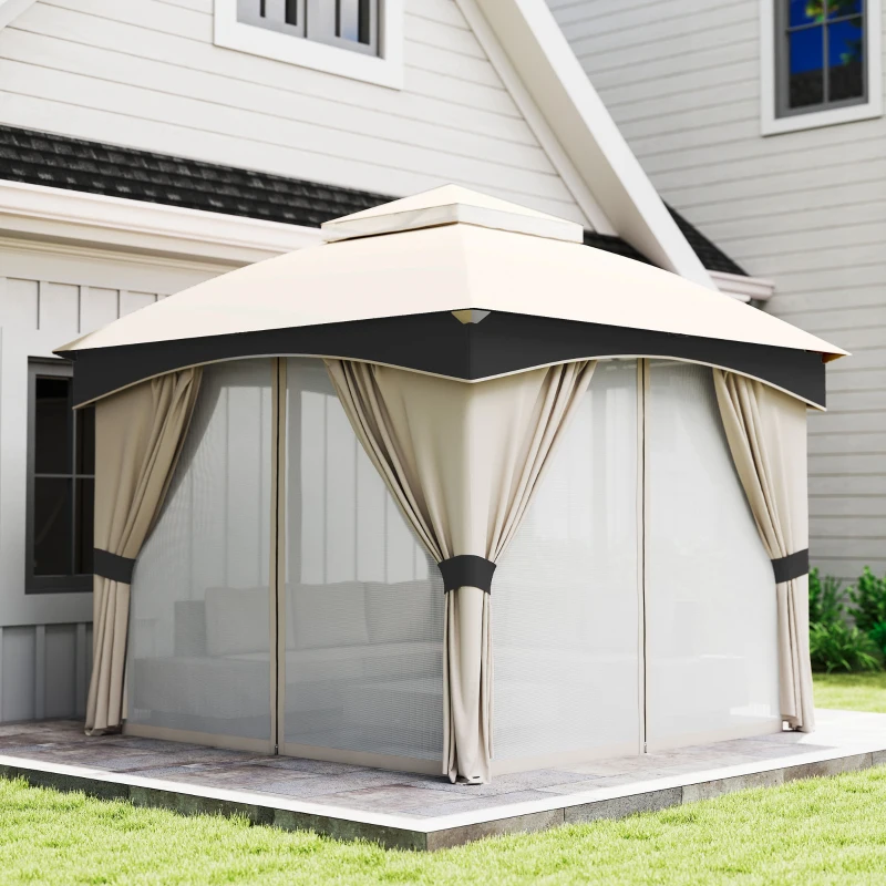 Outsunny Gazebo da Giardino 3x3m in Acciaio con Doppio Tettuccio e Tende, Beige e Grigio