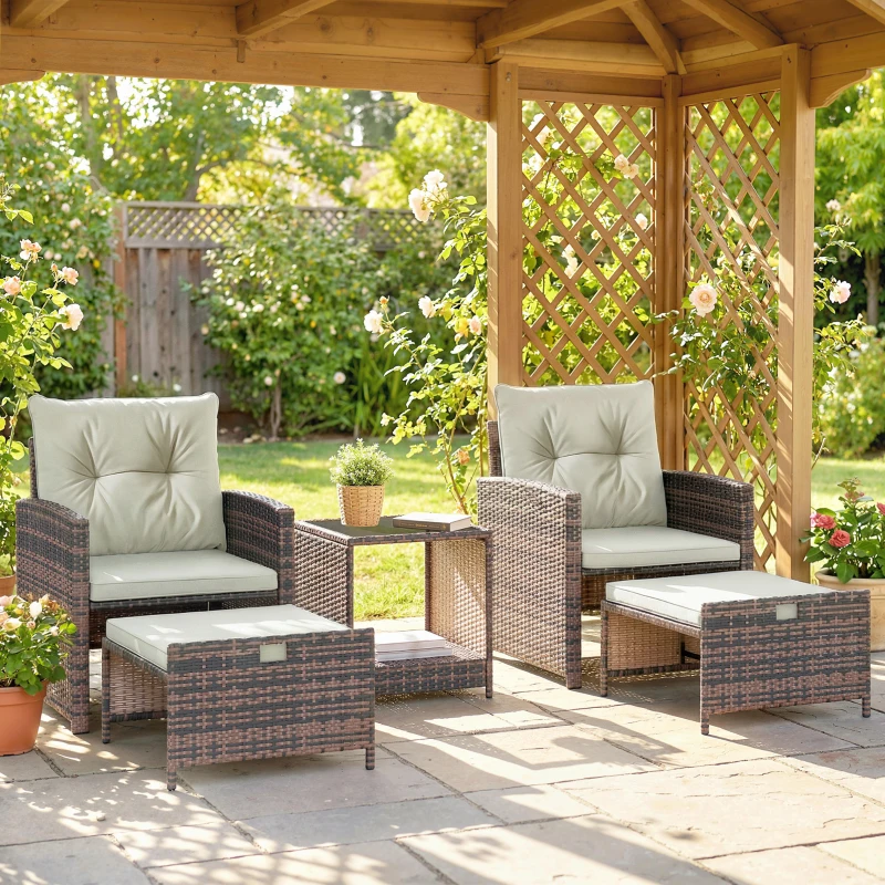Outsunny Set da Esterno in Rattan e Acciaio 5pz con 2 Pouf, 2 Sedie e Tavolino da Caffè a 2 Livelli, Marrone e Crema