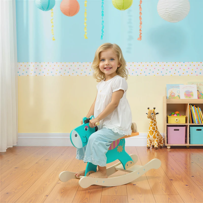 AIYAPLAY Cheval à bascule pour enfants, âne jouet à bascule bébé en bois avec guidon et base stable, 59 x 27 x 43 cm, vert foncé