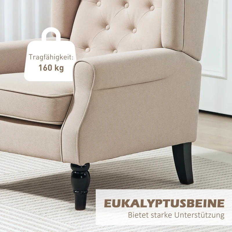 HOMCOM Elegante oorfauteuil, dik gewatteerd, afneembare bekleding, 74 x 87 x 102 cm, Beige