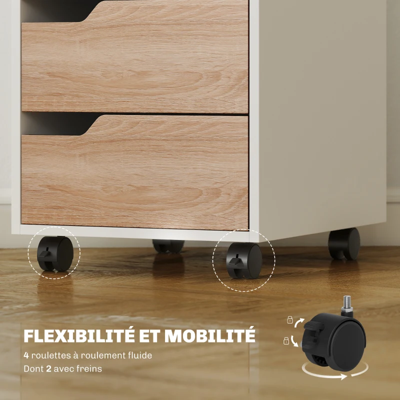 HOMCOM Caisson bureau mobile, meuble rangement bureau sur roulettes, 3 tiroirs, 40x50x57,5cm, blanc et chêne