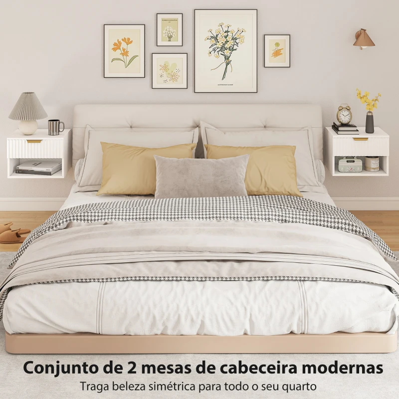HOMCOM Conjunto de 2 Mesas de Cabeceira Flutuantes Estreitas com Gaveta com Frente Canelada e Prateleira Aberta 40x34x29 cm Branco