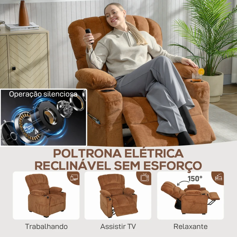 HOMCOM Poltrona Relax Reclinável Elétrica com Função Memória Apoia-Pés Controlo Remoto Bolsos Laterais Porta USB Porta-Copos Castanho