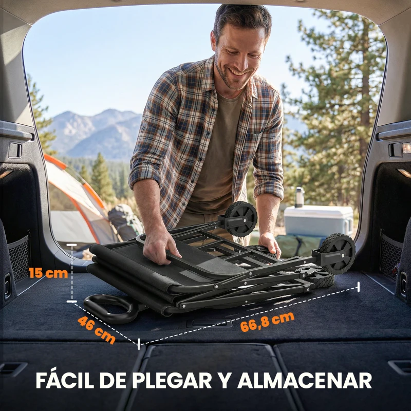 Outsunny Carro de Jardín Plegable con Ruedas Mango Ajustable Carga 68 kg para Campaña Compra 81x45x89 cm Negro