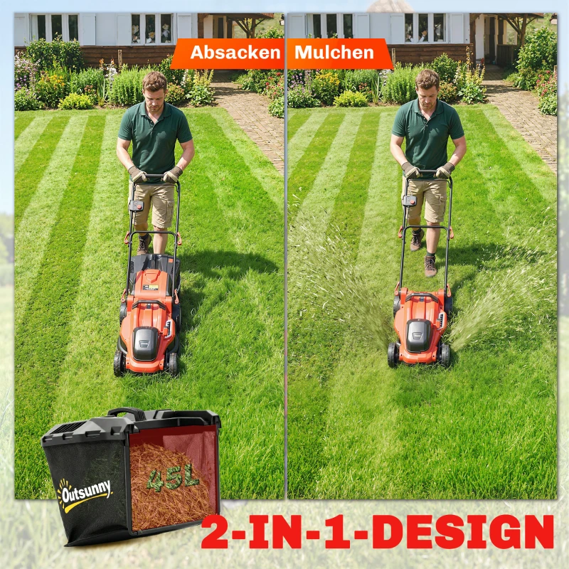 Outsunny Elektro Rasenmäher 800 W mit 40 cm Schnittbreite 45L Fangkorb Akkuanzeige Überlastschutz 7 Schnitthöhen