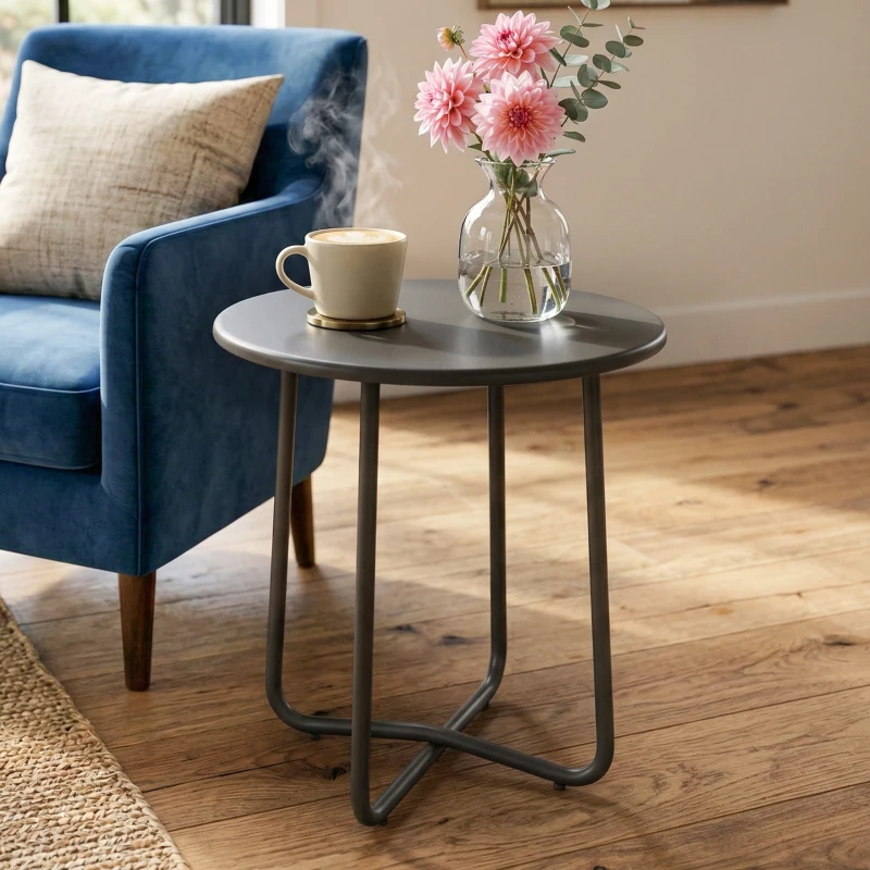 Outsunny 48 cm Round Garden Side Table, Small Metal Outdoor Garden Table with Rolled Edge, Dark Grey