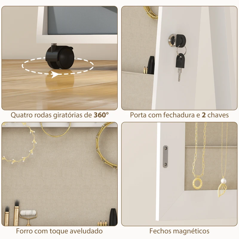 HOMCOM Espelho Armário de Jóias com Luzes LED Rodas Giratórias 360° Prateleiras Abertas Gavetas de Tecido Branco