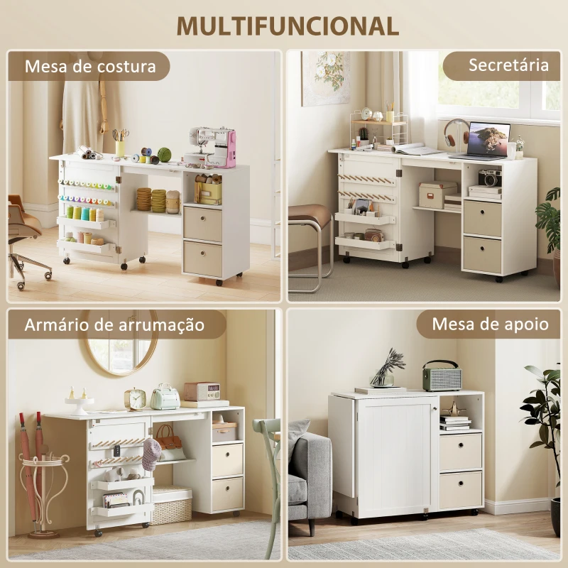 HOMCOM Mesa de Costura Dobrável com 6 Rodas Móvel para Máquina de Costura com 18 Pinos para Linhas 2 Gavetas 146,4x40x77,5 cm Branco