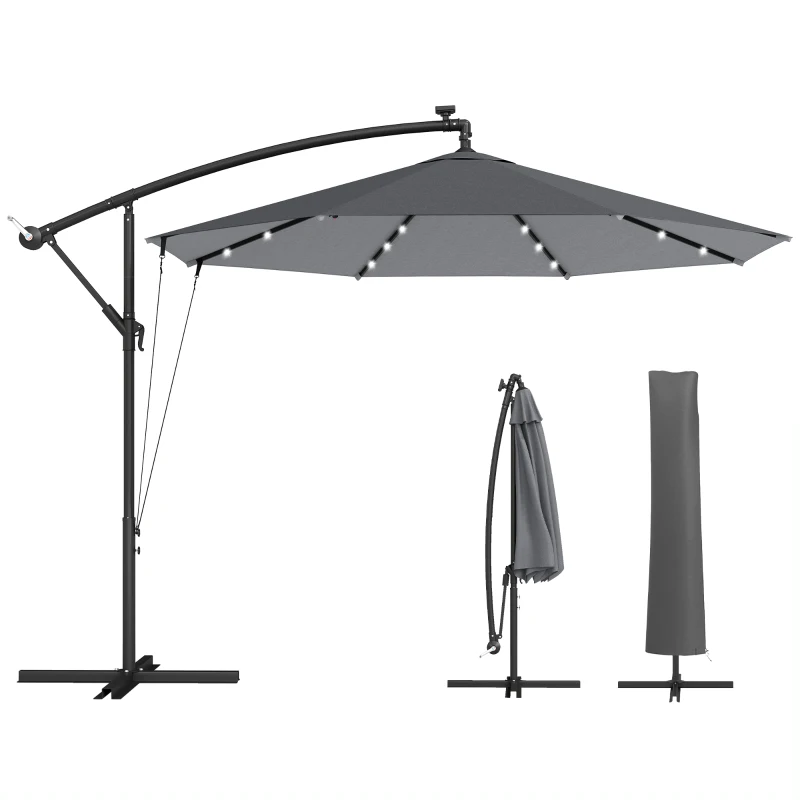 Outsunny Guarda-sol descentrado 3 m com Luzes LED Solares, para Jardim, Cor Cinzento