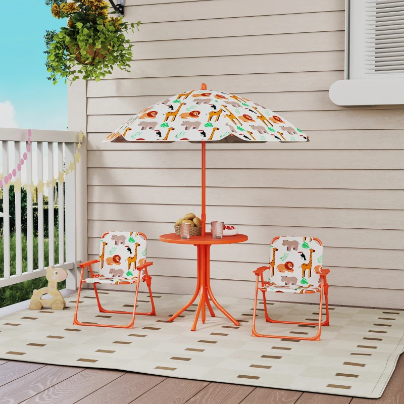 AIYAPLAY Salon de jardin enfant, table enfant avec 2 chaises pliantes et parasol Ø 100 cm, motif animal, orange
