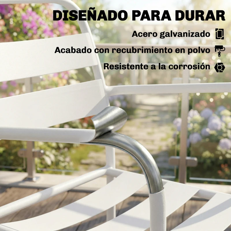 Outsunny Conjunto de Jardín Exterior de 3 Piezas de Acero Galvanizado con 2 Sillas y Mesa de Vidrio Templado Blanco