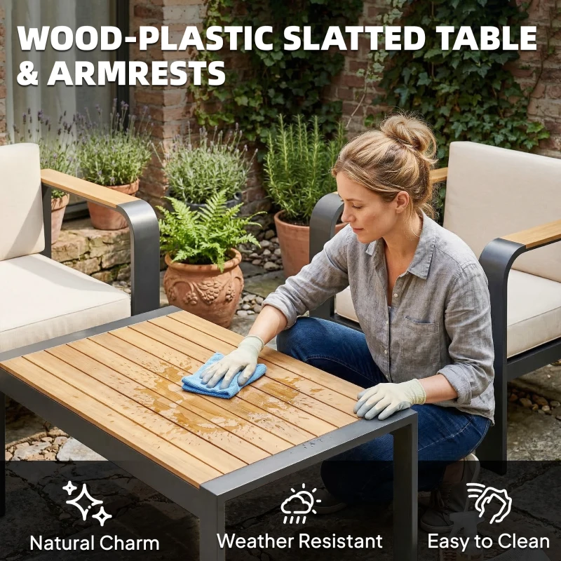 Outsunny 3 Pieces Garden Furniture Set with L-Shaped Sofa, Armchair and Coffee Table, Aluminium Garden Corner Sofa Set