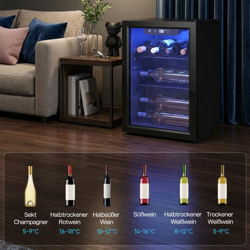 HOMCOM Enfriador de vino para 16 botellas, 48 L de capacidad, 4–16°C, frigorífico bajo para bebidas y cervezas, con puerta de cristal, luz LED