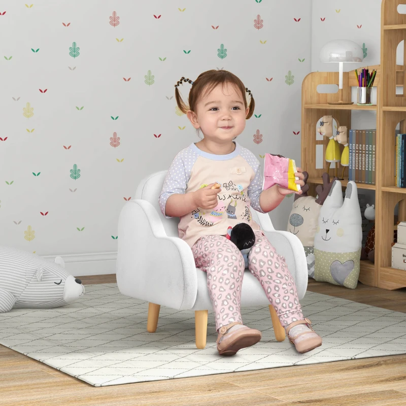 ZONEKIZ Fauteuil pour enfant design scandinave nuage grand confort avec piètement inclinés et tissu 46 x 51 x 55 cm blanc