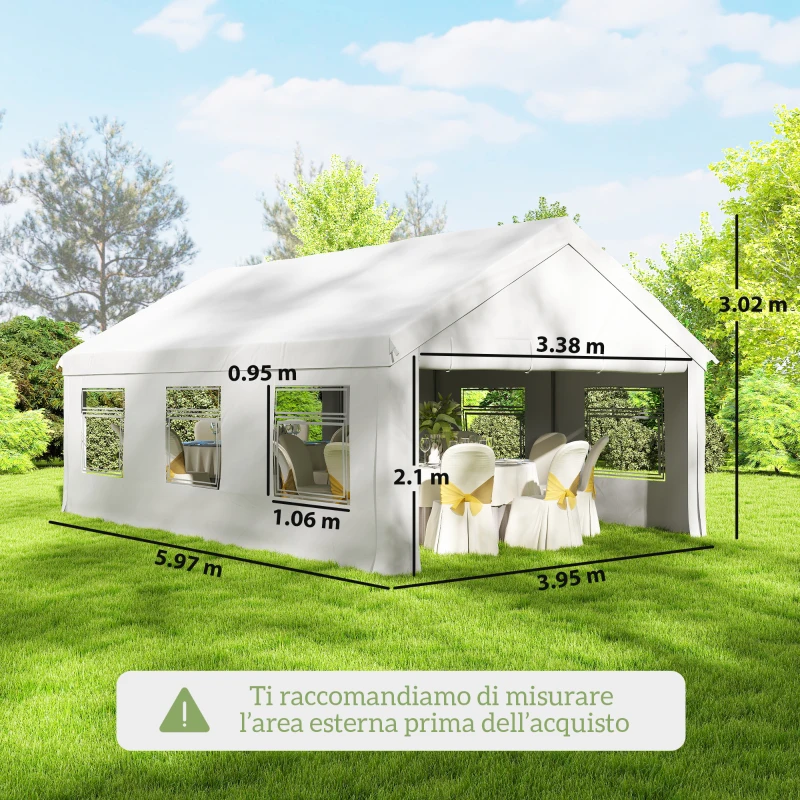 Outsunny Gazebo da Giardino 4x6 m con Pannelli Laterali, 6 Finestre e Doppio Ingresso, in Acciaio Galvanizzato, Bianco
