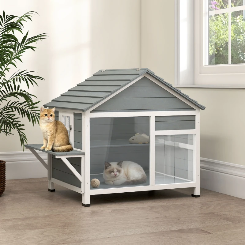 PawHut Maison pour Chat Extérieur Toit Ouvrant Fenêtre Panoramique Porte à Lamelles et Plateforme de Repos 101x72,5x81cm Gris
