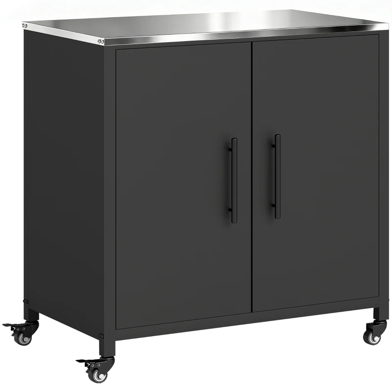 Outsunny Armoire de jardin en Métal, Armoire de Rangement Extérieur, Toit en Acier Inoxydable et Roulettes, Noir