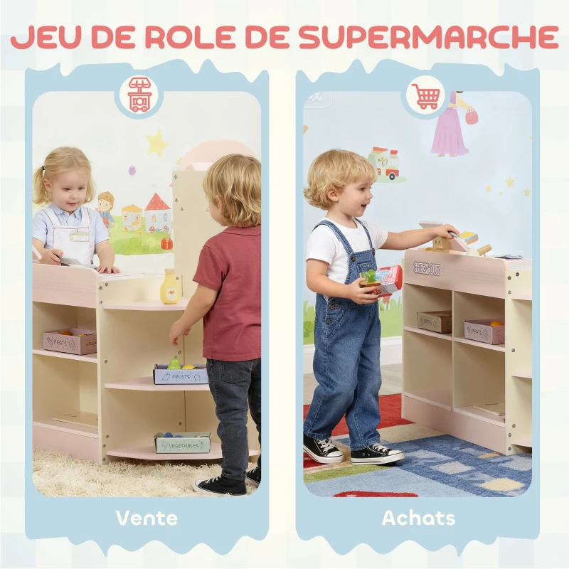 AIYAPLAY Supermarché pour enfant, marchande en bois, caisse enregistreuse, distributeur et accessoires, 90,7x60x73,8cm, vert(m-4)