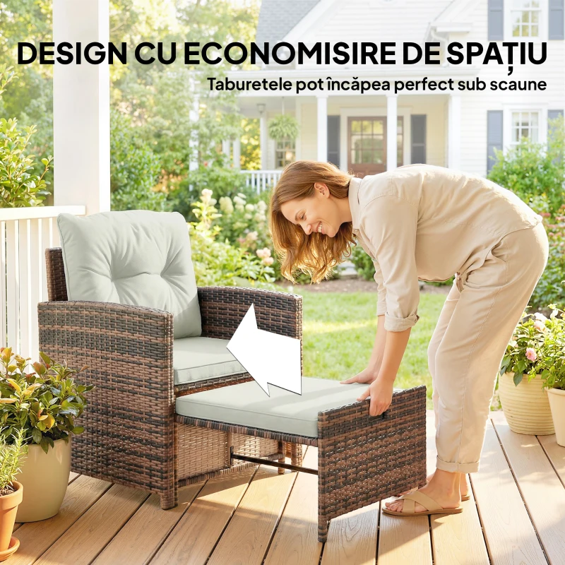 Outsunny Set de Mobilier de Grădină din Rattan 5 Piese, Set de Mobilier Exterior cu 2 Suporturi pentru Picioare, 2 Fotolii, Masă de Cafea cu 2 Niveluri, Perne, pentru Balcon, Terasă, Patio, Maro/Crem