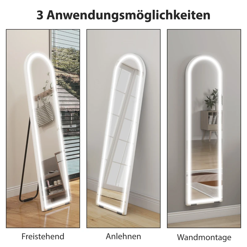 HOMCOM Ganzkörperspiegel mit LED-Lichtern, 150 x 40 cm, bogenförmig, dimmbar, 3 Lichtfarben, freistehend oder Wandmontage, Weiß