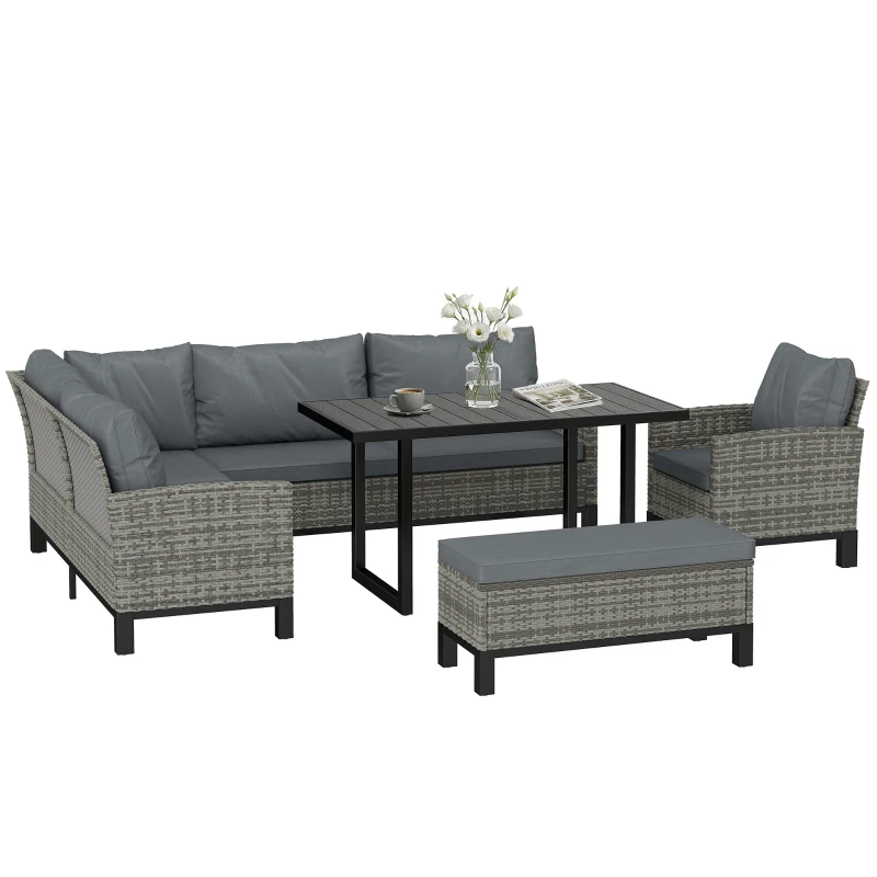 Outsunny 9 Seater Rattan Garden Furniture Corner Sofa Set, Outdoor Dining Set with Faux Wood Table, Ottoman, Cushions, Dark Grey