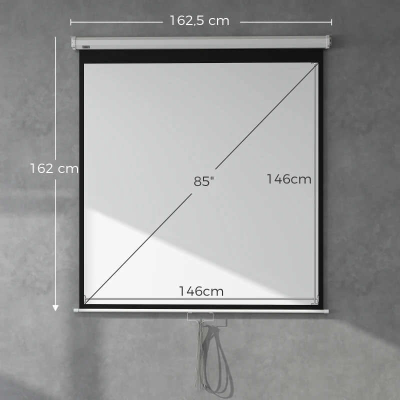 HOMCOM Tela de Projeção Manual de 85 Polegadas Tela de Projeção Portátil Formato 1:1 para Interior e Exterior 162,5x162 cm Branco Branco