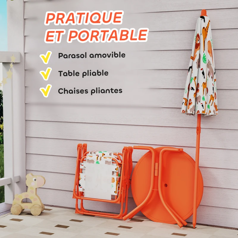 AIYAPLAY Salon de jardin enfant, table enfant avec 2 chaises pliantes et parasol Ø 100 cm, motif animal, orange