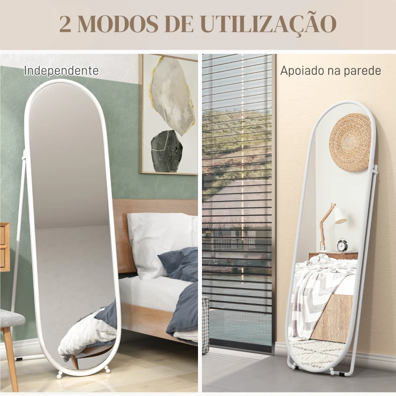HOMCOM Espelho de Pé Oval 160x40 cm Espelho de Corpo Inteiro com Moldura Metálica Suporte e 2 Formas de Utilização Branco