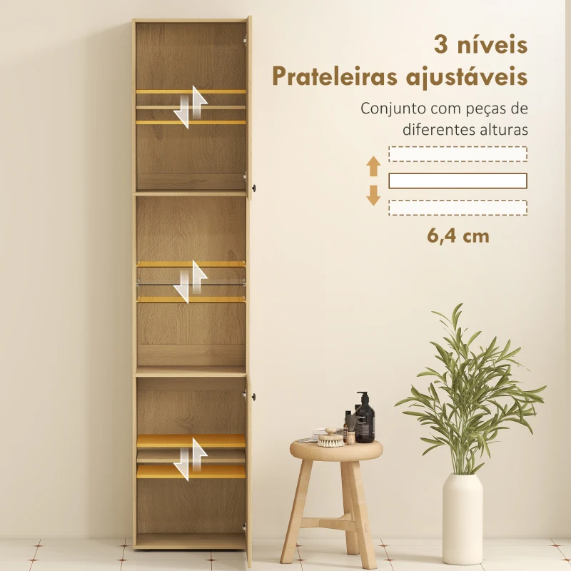 HOMCOM Coluna Casa de Banho Estreita Armário de Banho Alto com 6 Níveis com 2 Portas Prateleira de Vidro  40x31x182 cm Carvalho