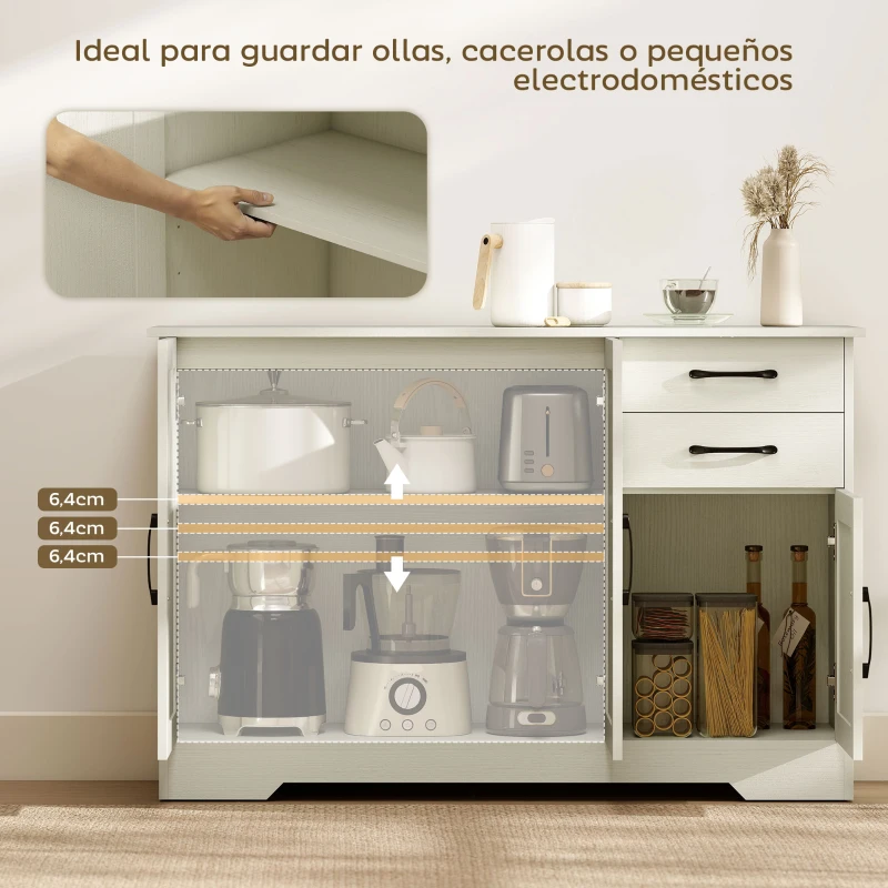 HOMCOM Aparador para Salón Moderno con 3 Puertas 2 Cajones Estante Ajustable para Comedor Entrada 120x38x79 cm Crema