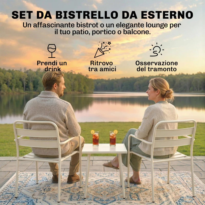 Outsunny Set Bistrò 3 pezzi: tavolino in vetro e 2 sedie, arredo esterno bianco.