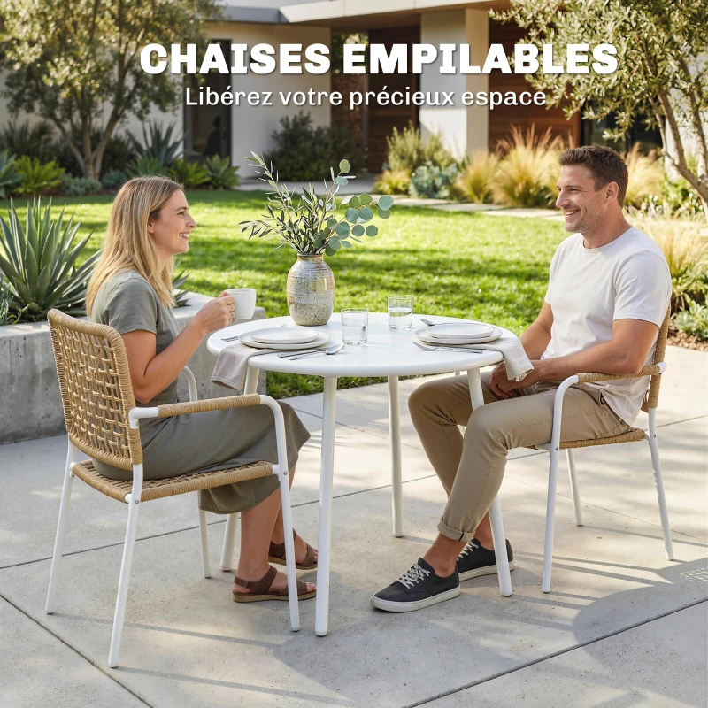 Outsunny Lot de 2 Chaises de Jardin Empilables en Résine Tressée avec Accoudoirs et Dossier, 55x57x82cm, Jaune
