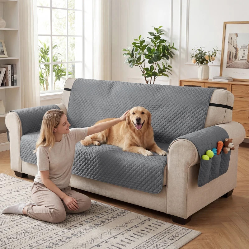 PawHut Housse de Canapé Protecteur de Meubles 3 Places Imperméable Anti-glisse avec Poches de Rangement Gris